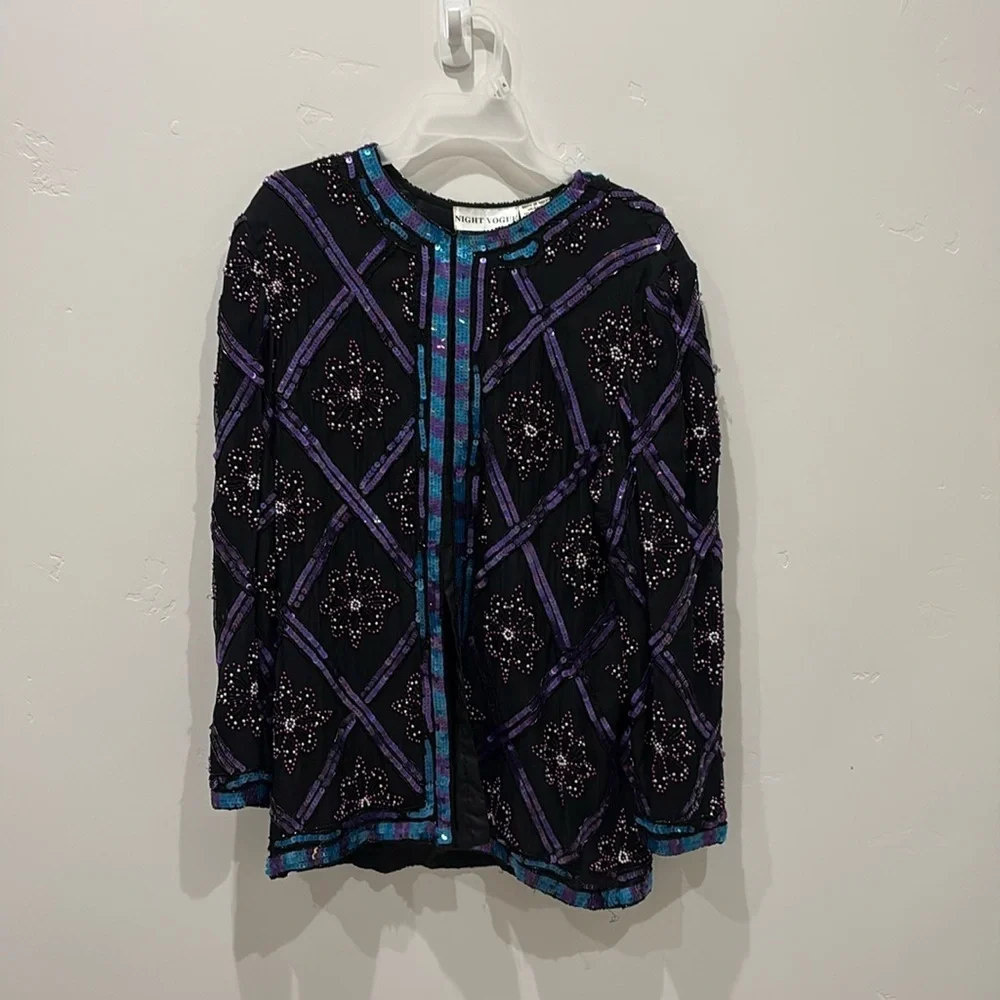 VTG Night Vogue Jacket Women XL Silk Sequin Embroidered Black Teal Purple READ